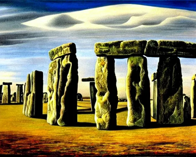Prompt: painting of Stonehenge by Salvador Dali. several layers of perspective. Many points of view. mind bending illusions of perception