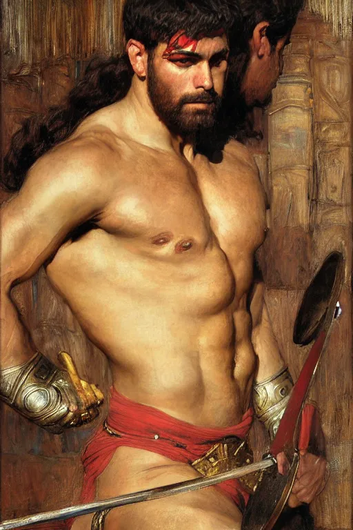 Image similar to muscular gladiator, orientalist intricate portrait by john william waterhouse and edwin longsden long and theodore ralli and nasreddine dinet, hyper realism, dramatic lighting