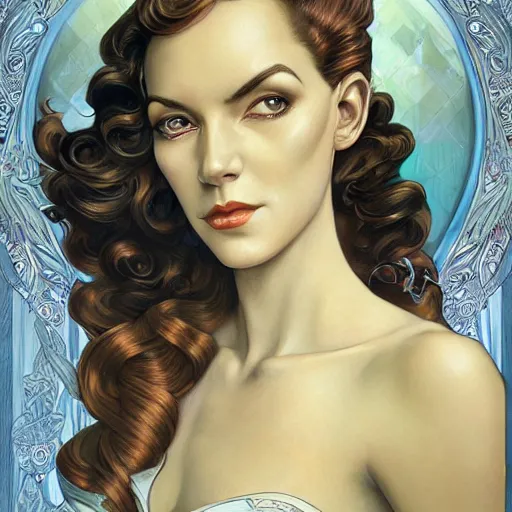 Image similar to an art nouveau, ( streamline moderne ), multi - racial portrait in the style of anna dittmann and donato giancola and chanthara. very large, clear, expressive, and intelligent eyes. centered, ultrasharp focus, dramatic lighting, photorealistic digital matte painting, intricate symmetrical ultra detailed background.