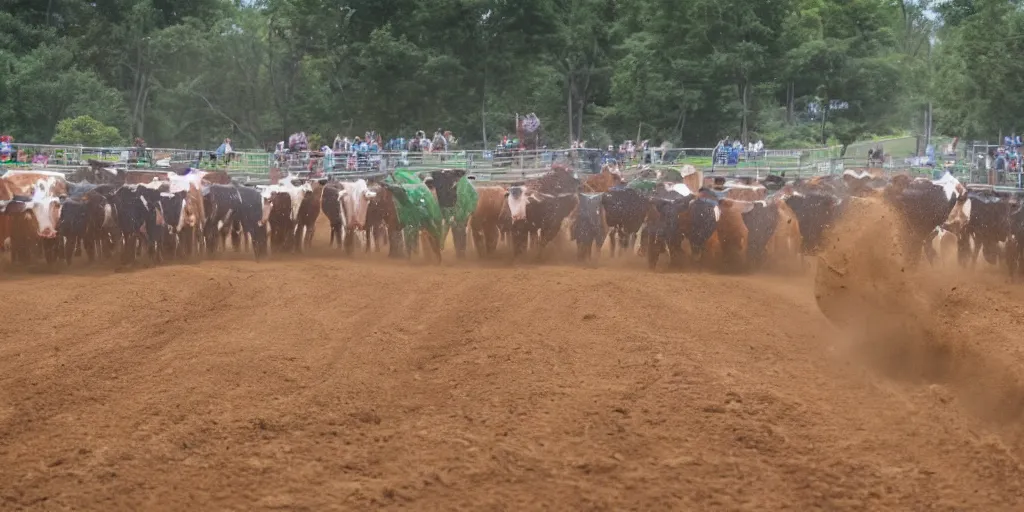 Prompt: a herd of cows, racing on a motocross track