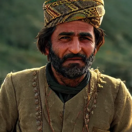 Image similar to Close up of a Kurdish shepherd wearing Kurdish clothes in a movie directed by Christopher Nolan, movie still frame, promotional image, imax 70 mm footage