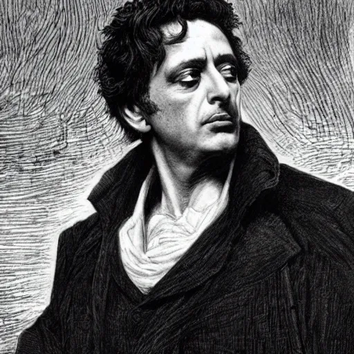 Prompt: Al Pacino, by gustave dore and william blake