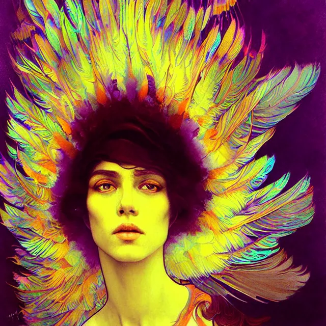 Image similar to face of young psychedelic transcendent feather mind bending psychedelic wings of glossy liquid honey flowing like kaleidoscopic translucent holograph, lsd feathers, feathery fluff, enlightenment, high contrast dappled lighting, refracted sunset, highly detailed, concept art, art by collier, albert aublet, krenz cushart, artem demura, alphonse mucha