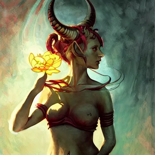 Prompt: tiefling woman with bent horns holding a glowing floating flower, petrichor, malady, art by fiona staples, art by james gurney, art by norman rockwell