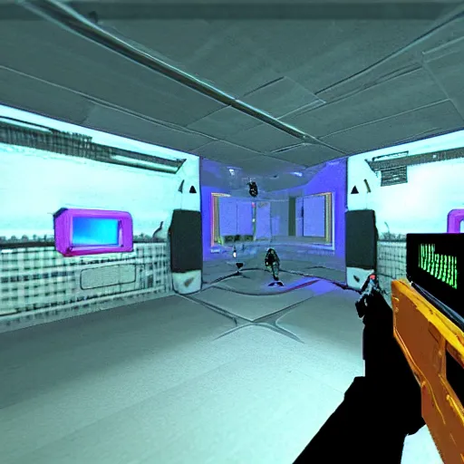 Image similar to first - person shooter, sci - fi first - person - shooter on nintendo 6 4, 1 9 9 9 graphics, low poly graphics, crt tv