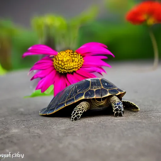 Image similar to a picture of a turtle hugging a flower, vivid colours, depth of field, 50mm