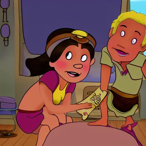 Prompt: still of a cartoon girl getting her soles tickled by a pirate