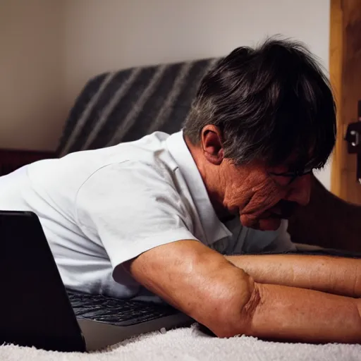 Prompt: elderly man lying inside a casket browsing internet on laptop from a casket casket