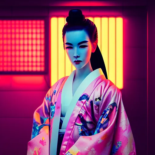 Prompt: photographic close - up portait of a beautiful young cyberpunk geisha half body in a kimono in city with neon lights, ambient lights, rainy day, digital painting, highly detailed, glowing lights, art station, by greg rutkowski