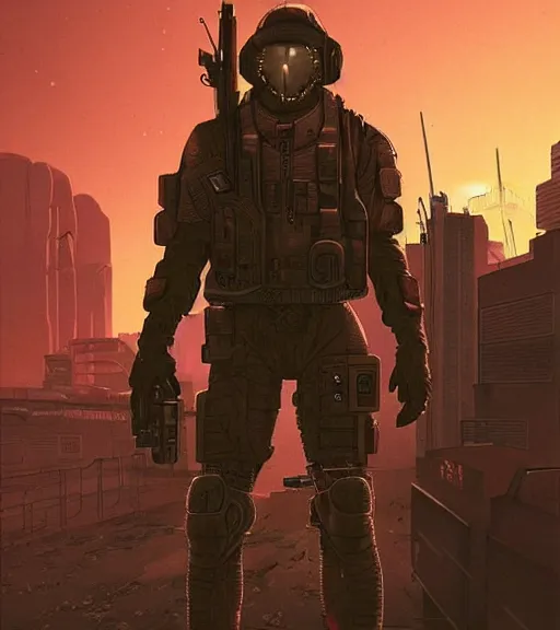 Prompt: a cyberpunk soldier with tactical gear and a rifle patrols a neon city on mars, Industrial Scifi, detailed illustration, character portrait, by Martin Grip and Moebius