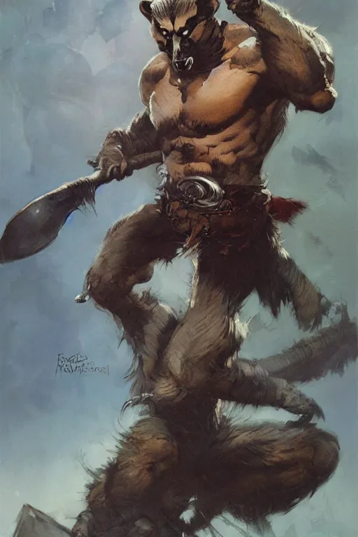 Image similar to a portrait of a male racoon folk barbarian by Frank Frazetta, WLOP and ross tran