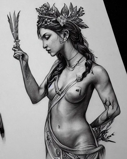 Image similar to realism tattoo sketch of a beautiful greek goddess aphrodite with piercing eyes wearing a laurel wreath and triangle earrings, in the style of greg rutkowski, amazing detail