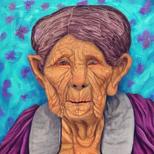 Image similar to painting of a wrinkled old woman, appalachian folk art