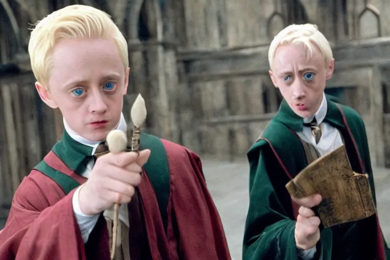 Image similar to film still Macaulay Culkin as Draco Malfoy wearing hogwarts uniform in Harry Potter movie