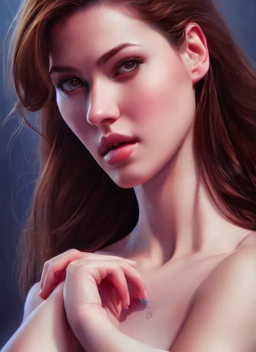 Image similar to high angle photo of a gorgeous young woman in the style of stefan kostic, realistic, sharp focus, 8 k high definition, insanely detailed, intricate, elegant, art by stanley lau and artgerm