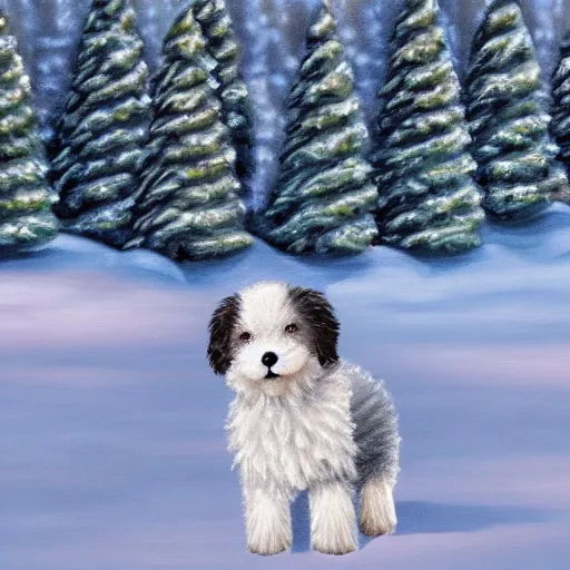 Image similar to cute fluffy grey and white sheepdog puppy sitting in snowy winter landscape with holiday trees detailed painting 4k