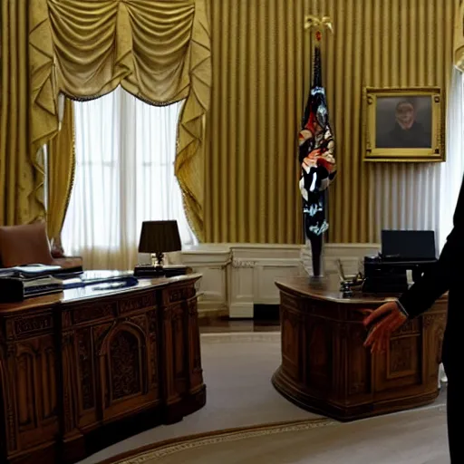 Image similar to Eminem in the president's office in the White House, photorealistic, high definition, cinematic lighting,