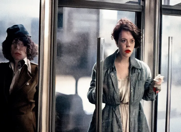 Prompt: cinematic portrait of olivia coleman holding up a heavy handgun in her left hand, standing paranoid in crowded classic diner, scene from the tense thriller film ( 2 0 0 1 ) directed by spike jonze, dramatic backlit window, volumetric hazy lighting, moody cinematography, 3 5 mm kodak color, anamorphic wide angle lens