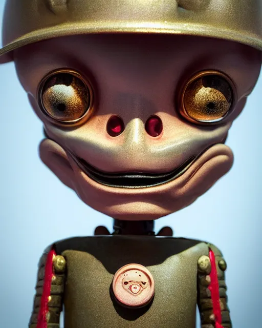 Image similar to highly detailed closeup, face profile portrait of a tin toy mars attacks, depth of field, fashion photoshoot by nicoletta ceccoli, mark ryden, lostfish, dan decarlo, bob clampett, max fleischer, breathtaking, detailed and intricate environment, 8 k resolution, hyperrealistic, octane render