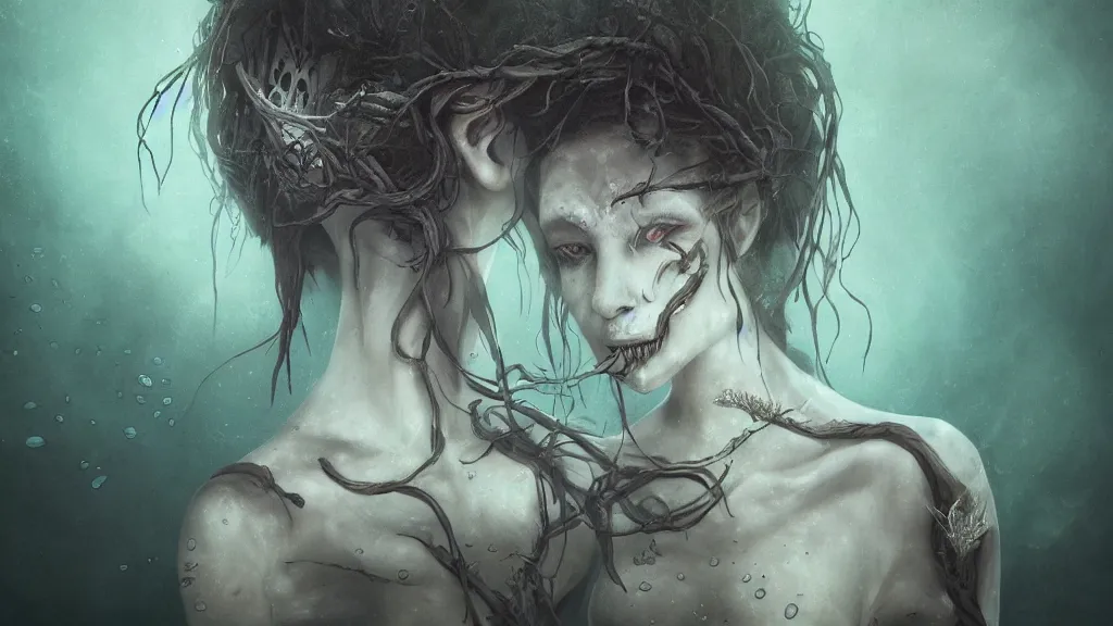 Image similar to Portrait of a woman underwater, fish hooks, seaweed, highly detailed, yuumei, Adam Duff lucidpixul, natural lighting, dark atmosphere, digital painting, creepy and dark feelings, Macabre, gothic, fantasy,