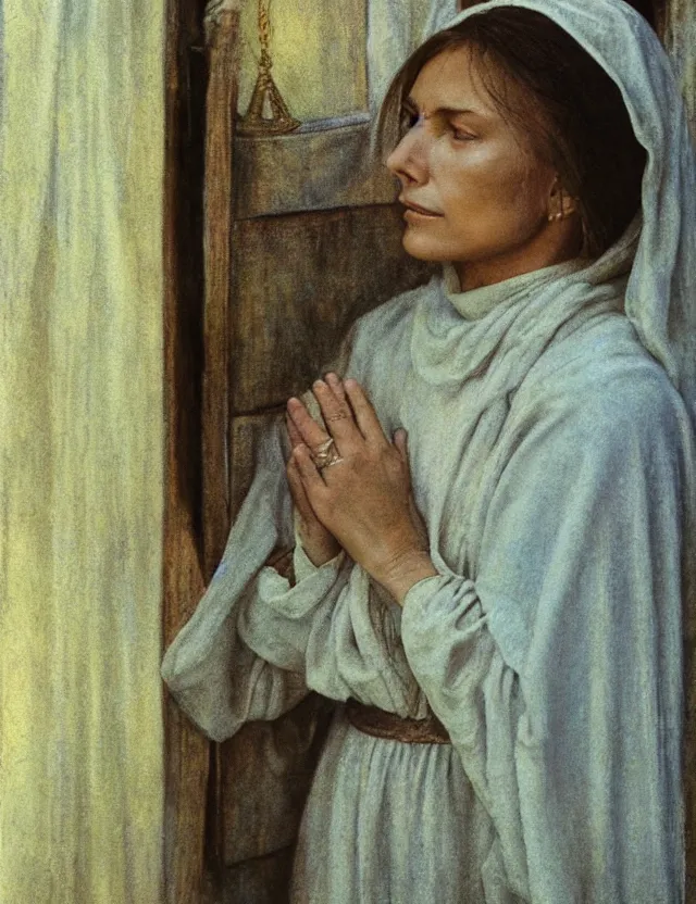 Prompt: peasant woman praying in a curch, polaroid photo bleached vintage pastel colors high - key lighting, soft lights, foggy, by steve hanks, by lisa yuskavage, by serov valentin, by tarkovsky, detailed, oil on canvas