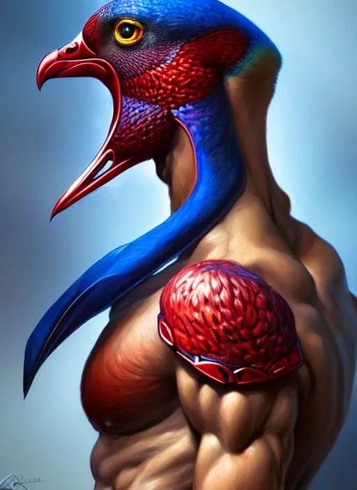 Image similar to portrait of aggressive pigeon humanoid, d & d, muscular! blue and red, fantasy, intricate, elegant, highly detailed, digital painting, artstation, concept art, smooth, sharp focus, illustration, art by artgerm and greg rutkowski and alphonse mucha