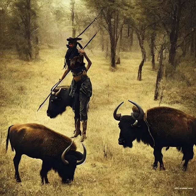 Prompt: incredible modern evocative artwork of buffalo hunters, buffalo midnight in the style of tim walker fashion photography, buffalos hunting hunters