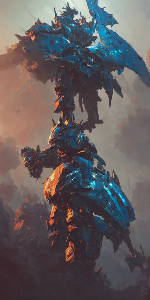 Prompt: Azure armored knight, Monster Hunter Illustrations art book, Moebius, Greg Rutkowski, Zabrocki, Karlkka, Jayison Devadas, Phuoc Quan, trending on Artstation, 8K, ultra wide angle, zenith view, pincushion lens effect.