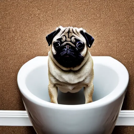 Image similar to a pug climbing out of a toilet, bathroom interior background, photo