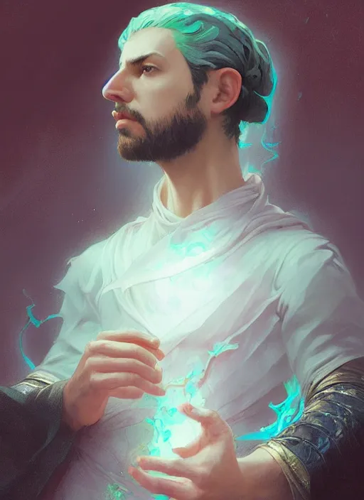 Image similar to character concept portrait of an attractive young focused Spanish wizard with pale teal skin enchanting a drowning spell, a floating iridescent spell book in the center, intricate, elegant, digital painting, concept art, smooth, sharp focus, illustration, from Metal Gear, by Ruan Jia and Mandy Jurgens and William-Adolphe Bouguereau, Artgerm