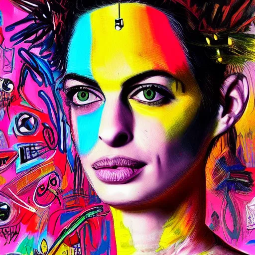 Prompt: a sketch, ultra detailed, colorful, mystical travel, magic, universe, beautiful woman, similar to anne hathaway, surreal, in style of jean - michel basquiat, trending on artstation