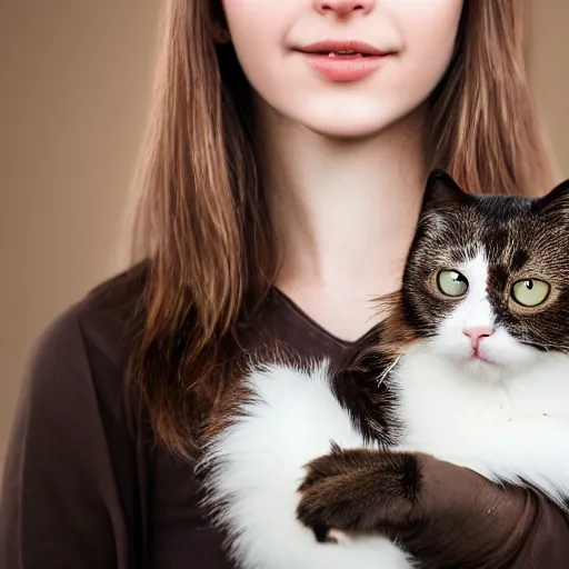 Image similar to a photo of a beautiful young woman holding a cat, ultra high detail, 8 k, award winning photograph.