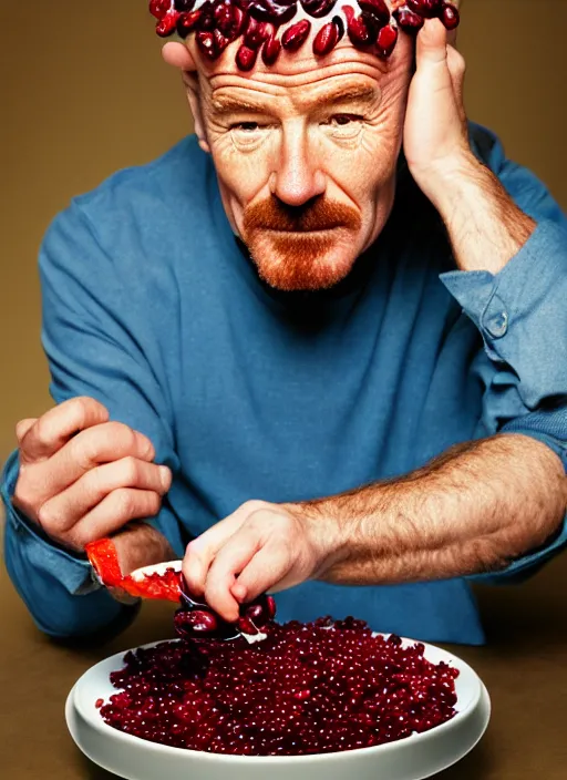 Image similar to bryan cranston eating cranberries, cranberry helmet, hamster cheeks, studio light, bloom, detailed face, magazine, press, photo, steve mccurry, david lazar, canon, nikon, focus