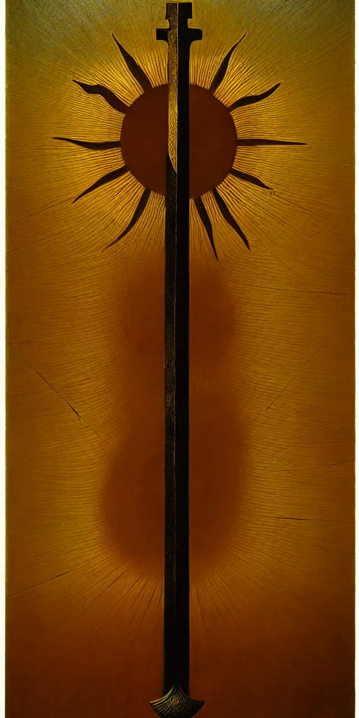 Prompt: a sword in the style of zdzisław beksinski, elegant, gold and oak inlay, sun motif, holy