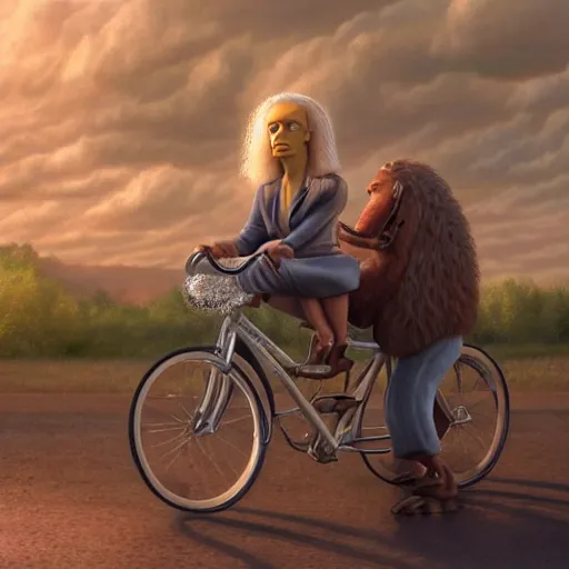 Prompt: Hyper realistic portrait of Joe Biden riding a bicycle made of wonderfully fragrant long flowing hair with Lisa Simpson sitting on the handlebars, Cinematic lighting, ultra super good realistic 3D render by Gerald Brom and James Jean, Trending on Artstation, I can't believe how detailed this is, 8k, post processing, sharp focus.