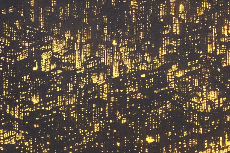 Image similar to kowloon walled city at night, by yoshitaka amano