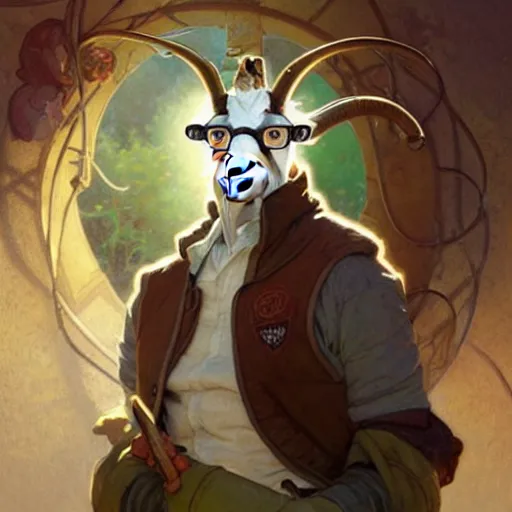 Image similar to anthropomorphic nerdy goat. Renowned character illustration by greg rutkowski, thomas kindkade, alphonse mucha, loish, norman rockwell. Trending on FurAffinity.