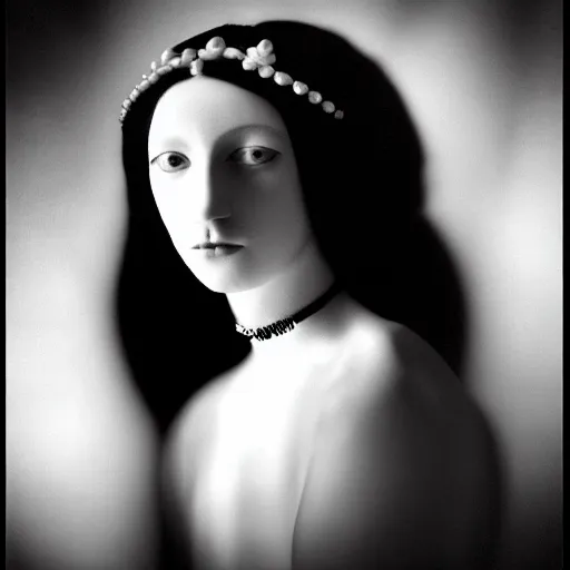 Prompt: black and white photographic dreamy portrait, biomechanical beautiful young female priestess, volumetric light, rim light, by dora maar and cecile beaton, big gothic fashion pearl embroidered collar, 8 k