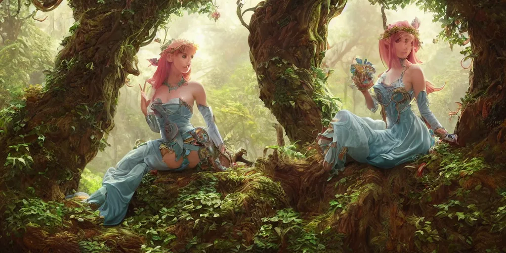Image similar to alluring highly-res photo an attractive young elf woman sitting on top of giant tree in her tree city, clothed in a chesty fantasy outfit, intricate, elegant, highly detailed, digital painting, trending on Artstation, concept art, smooth, sharp focus, colorful, illustration, in the style of artgerm and greg rutkowski and alphonse mucha