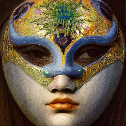 Image similar to a masterpiece painting of a facemask made of stylized flowers, by annie swynnerton and jean delville and tino rodriguez, flower mask, art deco shaman, art brut, symbolist, dramatic cinematic lighting, god rays, iridescent beetles, clean crisp graphics, smooth sharp focus, extremely detailed