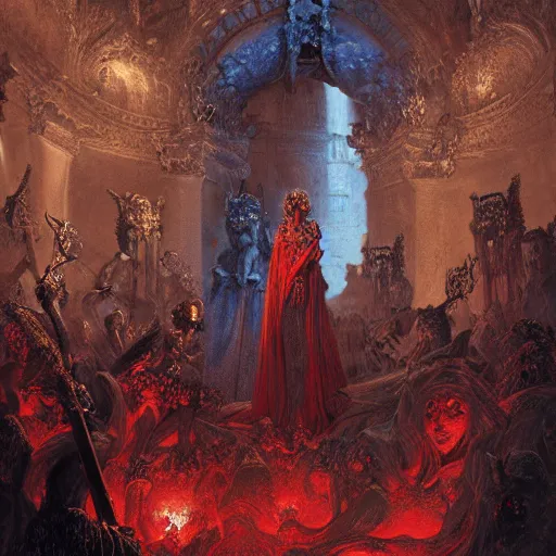 Image similar to the holy castle of Persephone along with hades, bright in fury, red and blue, with demon statues, hyperdetailed, artstation trending, world renowned artists, worth1000.com, historic artworks society, antique renewel, cgsociety, by greg rutkowski, by Gustave Dore, Deviantart