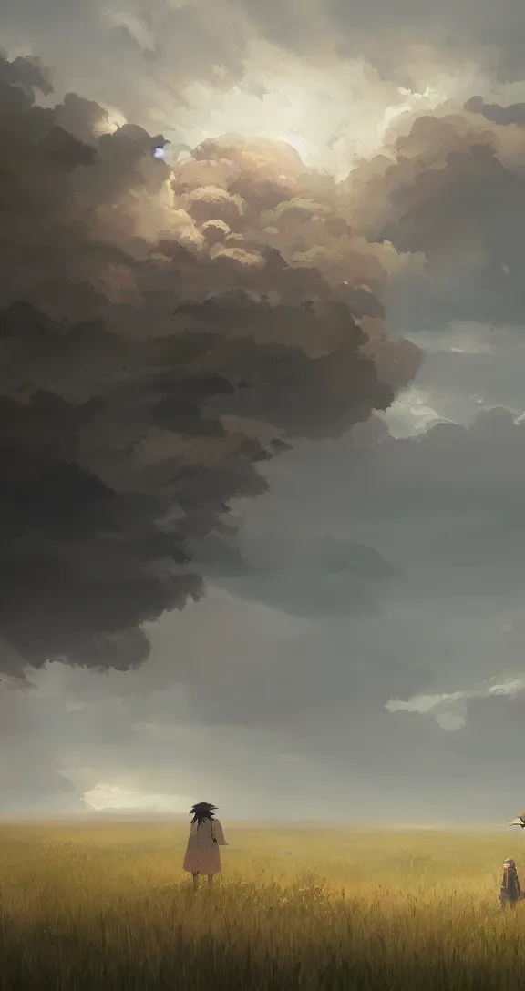 Prompt: A thunderstorm in the prairie, by Studio Ghibli and Greg Rutkowski, artstation