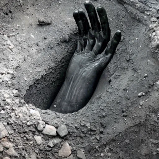 Image similar to A giant black stone hand reaching out from a city sized sinkhole. Dark. Jagged.