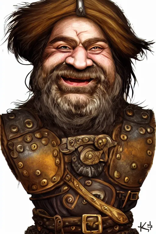 Image similar to head and shoulders portrait of a dwarf adventurer, jovial, scarred lip, grandfatherly, leather armor, male, tavern background, high fantasy, d & d, by klimt, face details, extremely detailed, digital illustration