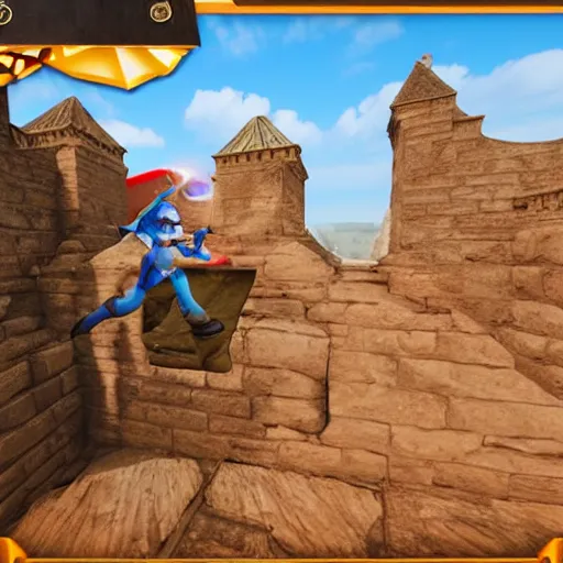 Prompt: screenshot of a game prototype where a blue Elf jumps across platforms Unreal Engine