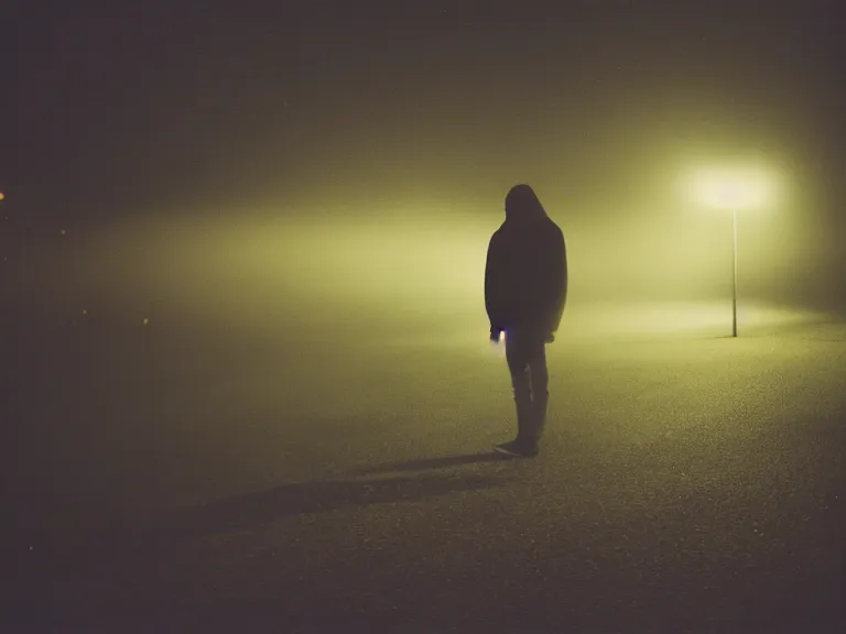 Image similar to kodak gold 2 0 0 film photograph of a vagrant at night volumetric fog