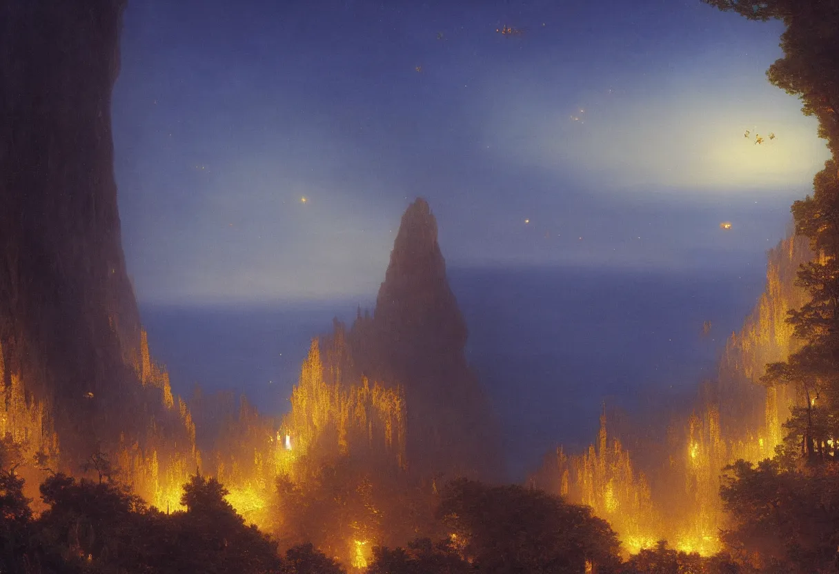 Image similar to a beautiful ultradetailed painting of a single gilded cathedral at the edge of a cliff next to a deep blue sea illuminated by orange fireflies, albert bierstadt, makoto shinkai, 8 k, light effects, trending on artstation