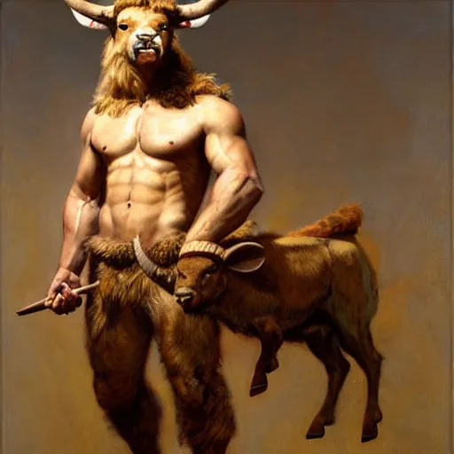 Prompt: a portrait of a furry minotaur wearing a tshirt and pants, furry body, furry chest, furry arms, furry legs, tail. highly detailed painting by gaston bussiere, craig mullins, j. c. leyendecker, furry