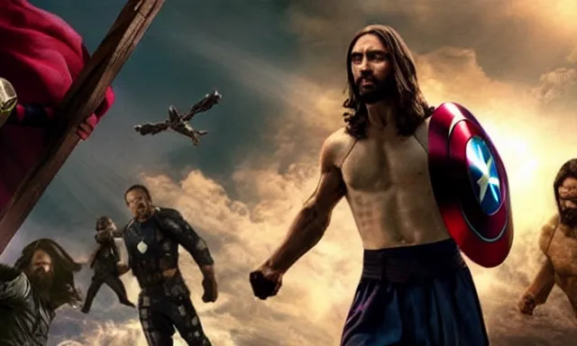 Image similar to jesus christ fighting alongside the avengers, using his cross as weapon, photorealistic, cinematic lighting, extremely detailed, marvel cinematic universe