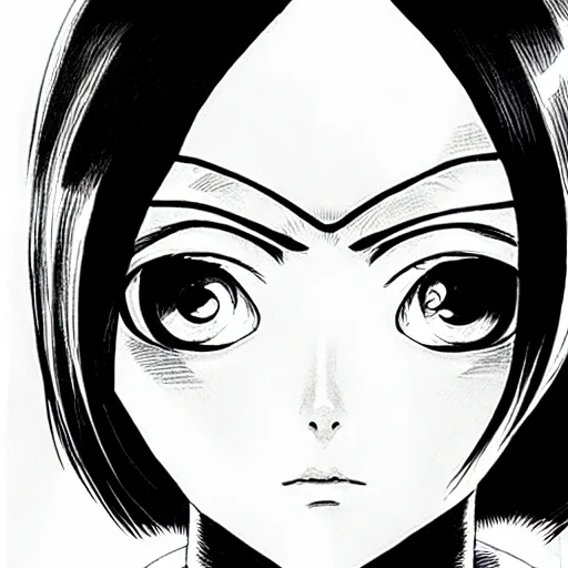 Image similar to alita by yukito kishiro. medium shot. black and white manga. pencil drawing. high detailed face